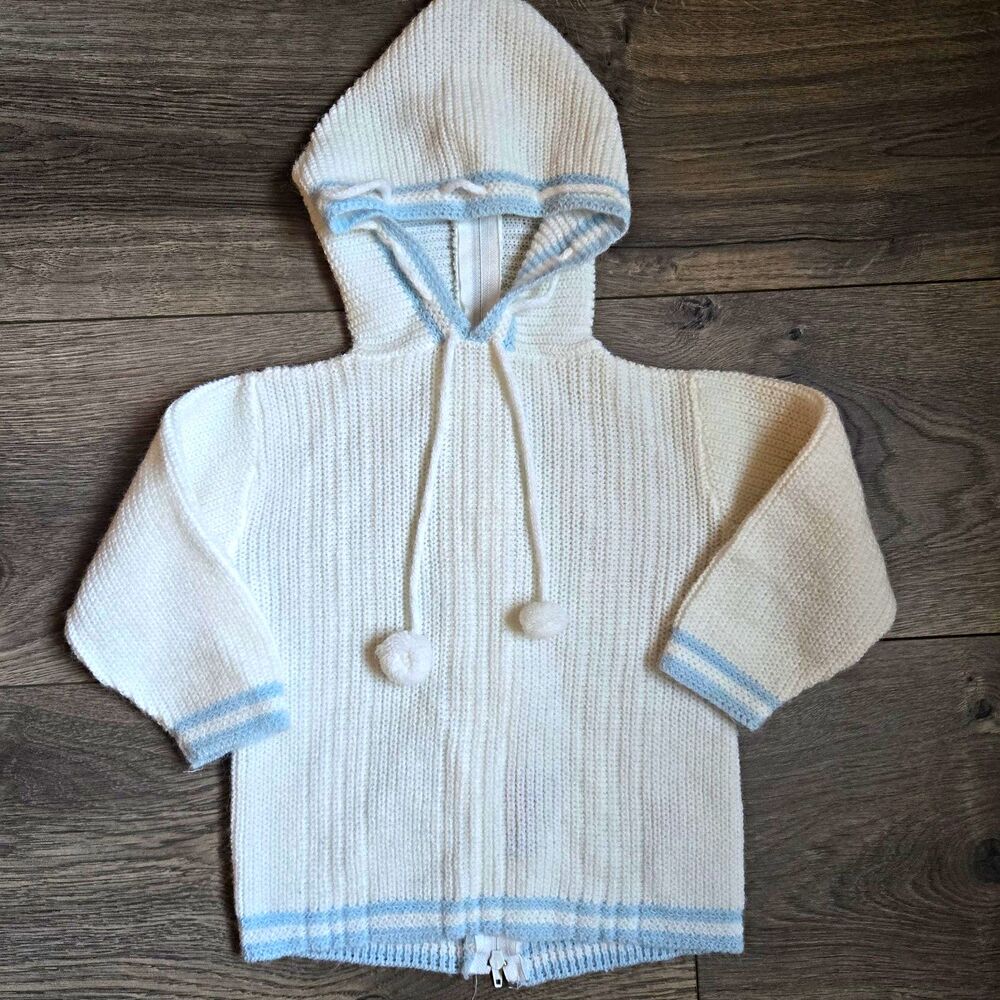 Vtg Blue Bird Sweater 18M White Light Blue Hooded Knit Zipper Back Pom Pom USA